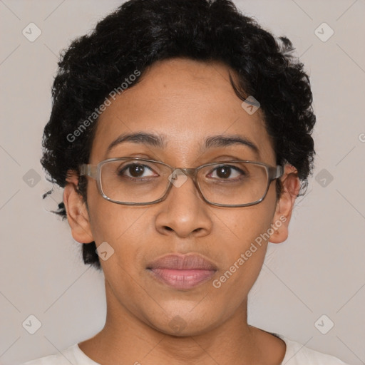 Neutral asian adult female with short  brown hair and brown eyes