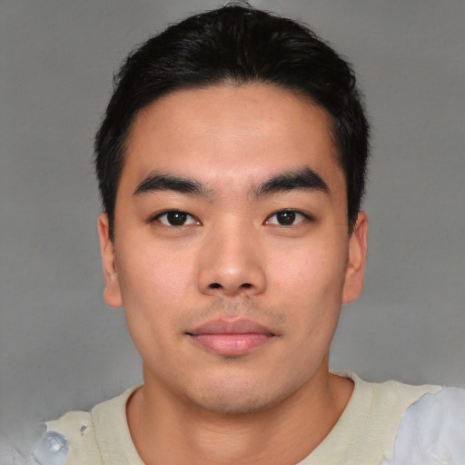 Neutral asian young-adult male with short  black hair and brown eyes