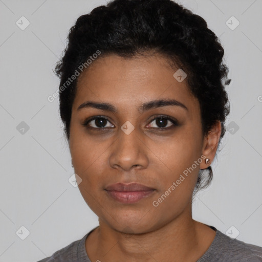 Neutral latino young-adult female with short  black hair and brown eyes