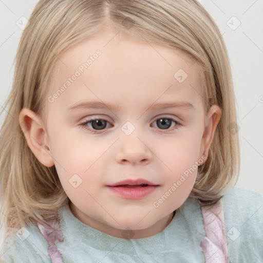 Joyful white child female with medium  brown hair and blue eyes