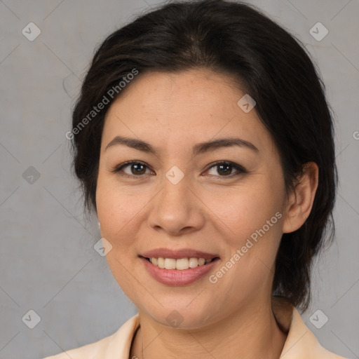 Joyful latino young-adult female with medium  brown hair and brown eyes