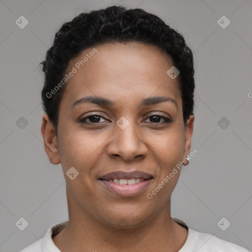 Joyful latino young-adult female with short  black hair and brown eyes