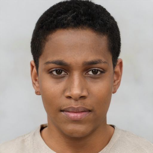 Neutral black young-adult female with short  brown hair and brown eyes