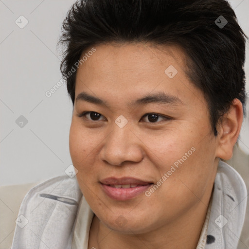 Joyful asian young-adult female with short  brown hair and brown eyes