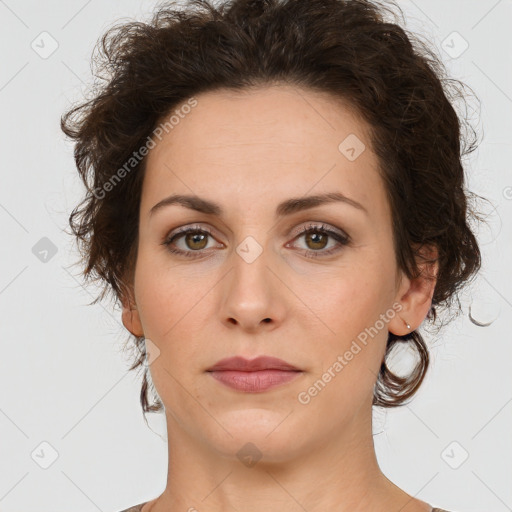 Neutral white young-adult female with short  brown hair and brown eyes