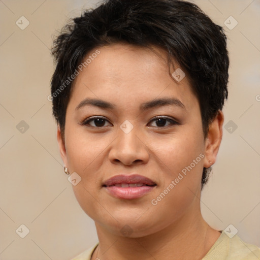 Joyful asian young-adult female with short  brown hair and brown eyes