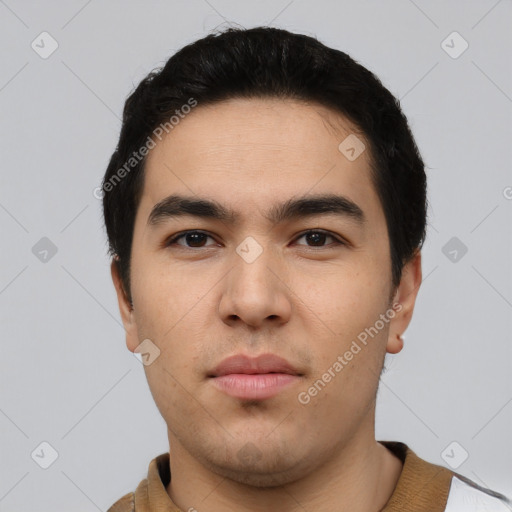 Neutral asian young-adult male with short  black hair and brown eyes