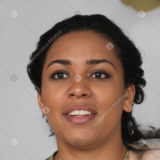 Joyful latino young-adult female with short  black hair and brown eyes