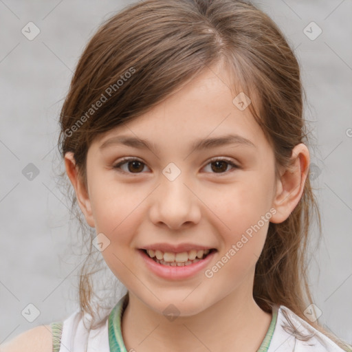 Joyful white child female with medium  brown hair and brown eyes