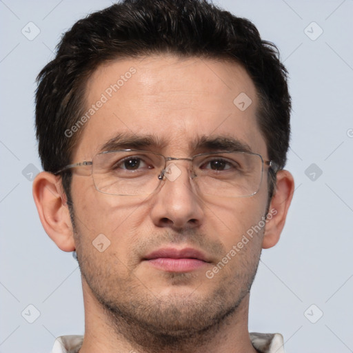 Joyful white adult male with short  brown hair and brown eyes