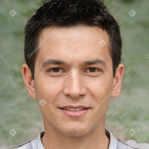 Joyful white young-adult male with short  brown hair and brown eyes