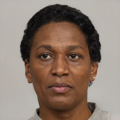 Neutral black adult female with short  black hair and brown eyes
