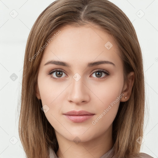 Neutral white young-adult female with long  brown hair and brown eyes