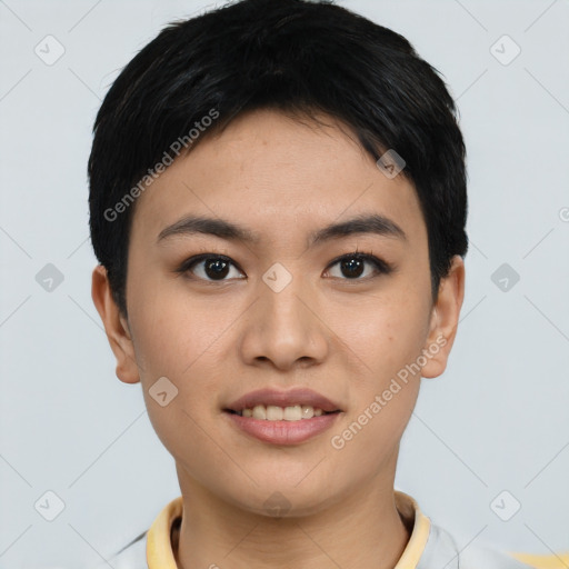 Joyful asian young-adult female with short  black hair and brown eyes