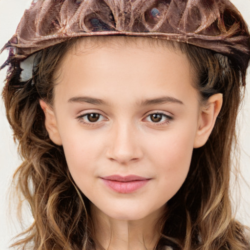 Joyful white child female with long  brown hair and brown eyes