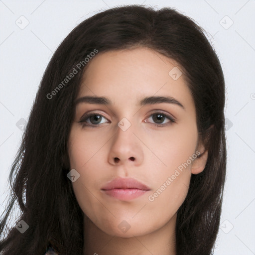 Neutral white young-adult female with long  black hair and brown eyes