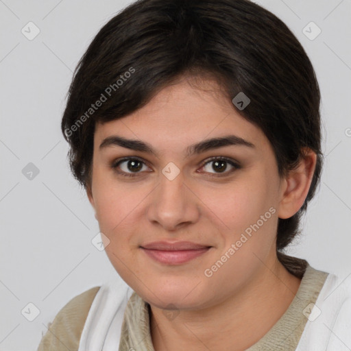 Joyful white young-adult female with medium  brown hair and brown eyes