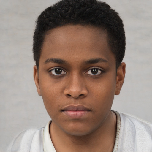 Neutral black young-adult male with short  brown hair and brown eyes