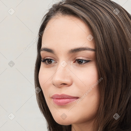 Neutral white young-adult female with long  brown hair and brown eyes