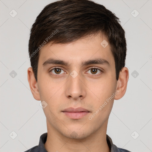 Neutral white young-adult male with short  brown hair and brown eyes