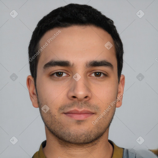 Neutral latino young-adult male with short  black hair and brown eyes