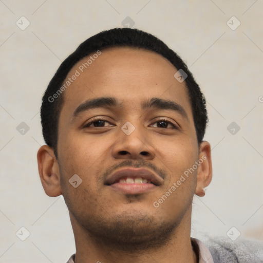 Neutral latino young-adult male with short  black hair and brown eyes