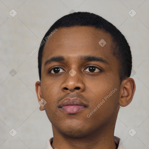 Neutral black young-adult male with short  black hair and brown eyes