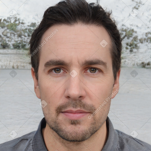 Neutral white adult male with short  brown hair and brown eyes