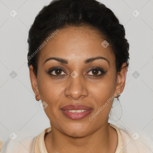 Joyful latino young-adult female with short  black hair and brown eyes