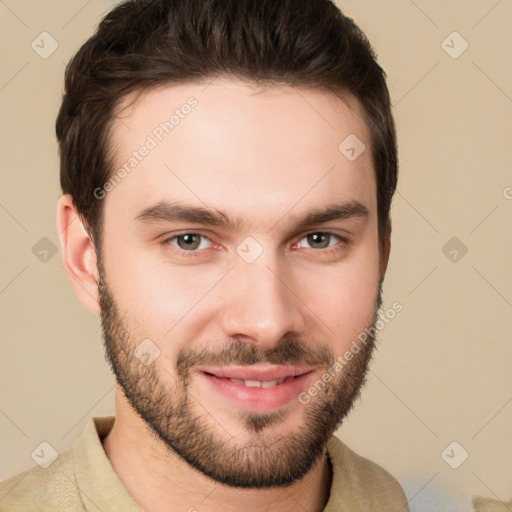 Joyful white young-adult male with short  brown hair and brown eyes