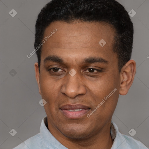 Joyful latino adult male with short  black hair and brown eyes