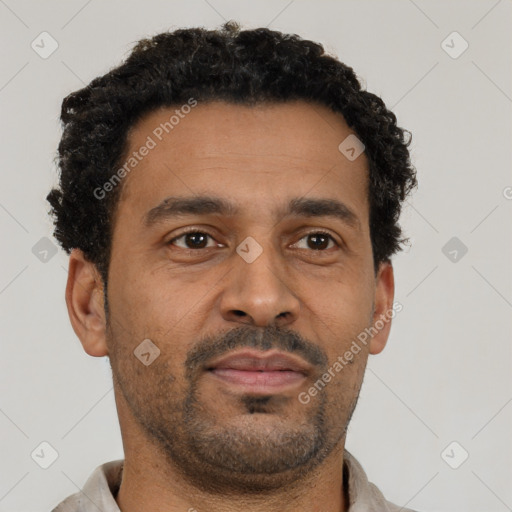 Neutral latino adult male with short  black hair and brown eyes