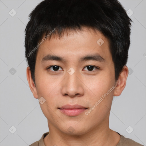 Neutral asian young-adult male with short  brown hair and brown eyes