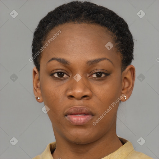 Neutral black young-adult female with short  brown hair and brown eyes