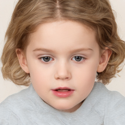 Neutral white child female with medium  brown hair and blue eyes