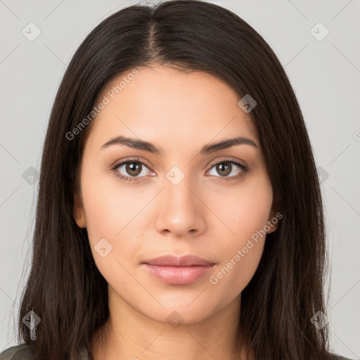 Neutral white young-adult female with long  brown hair and brown eyes