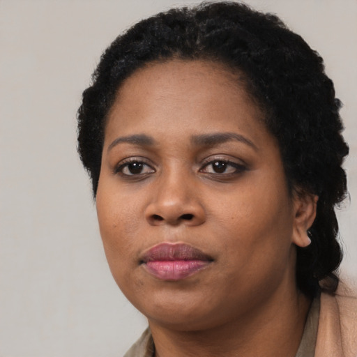 Neutral black young-adult female with short  black hair and brown eyes