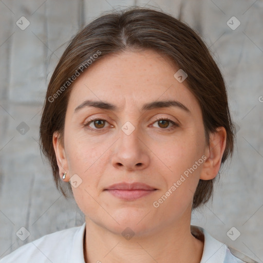 Neutral white young-adult female with medium  brown hair and brown eyes