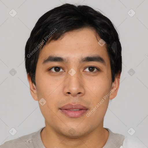 Neutral asian young-adult male with short  black hair and brown eyes