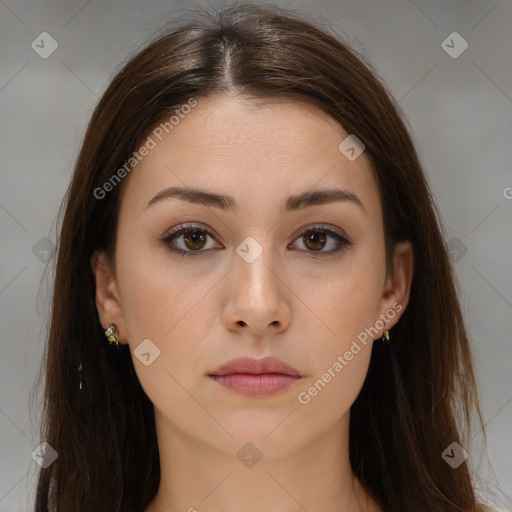 Neutral white young-adult female with long  brown hair and brown eyes