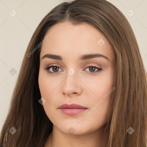 Neutral white young-adult female with long  brown hair and brown eyes