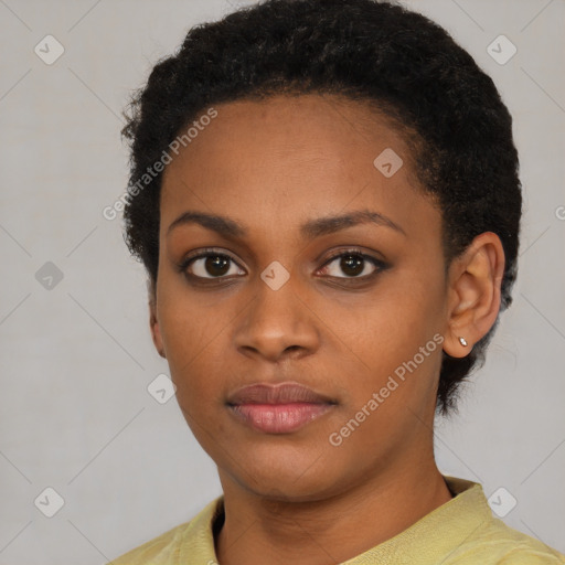 Neutral black young-adult female with short  black hair and brown eyes