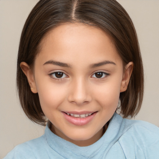 Joyful white child female with medium  brown hair and brown eyes