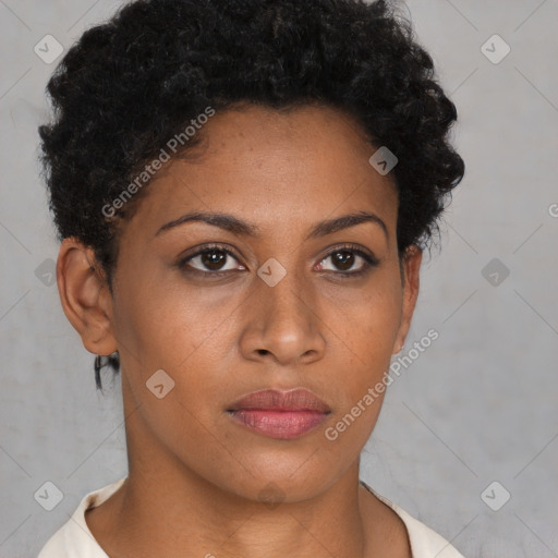 Neutral black young-adult female with short  brown hair and brown eyes