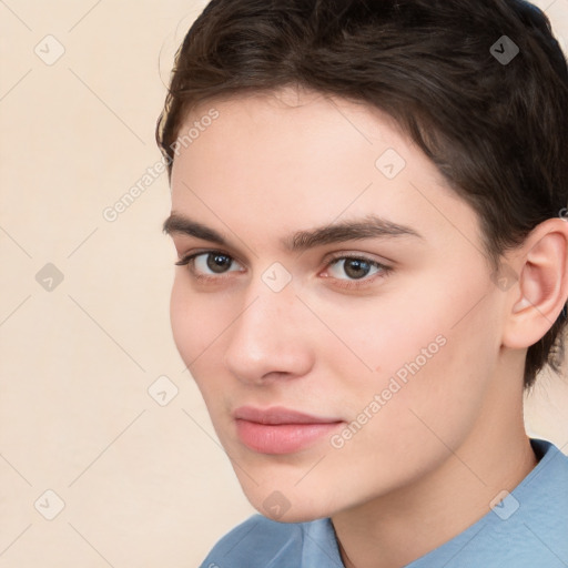 Neutral white young-adult female with medium  brown hair and brown eyes