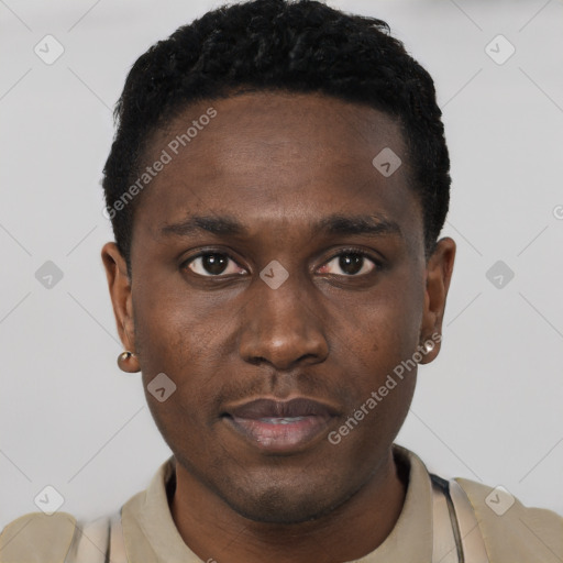 Neutral black young-adult male with short  black hair and brown eyes