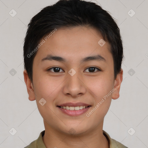 Joyful asian young-adult female with short  brown hair and brown eyes