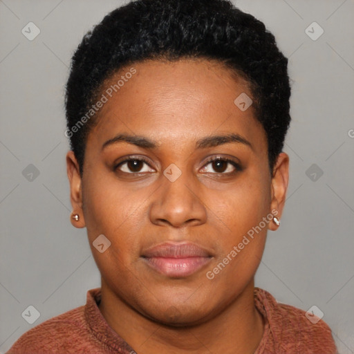 Neutral black young-adult female with short  brown hair and brown eyes