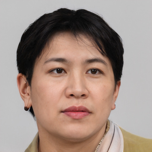 Neutral white young-adult female with short  brown hair and brown eyes
