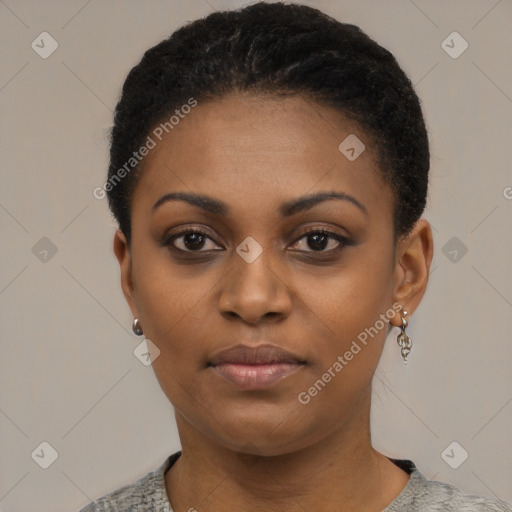 Neutral black young-adult female with short  black hair and brown eyes